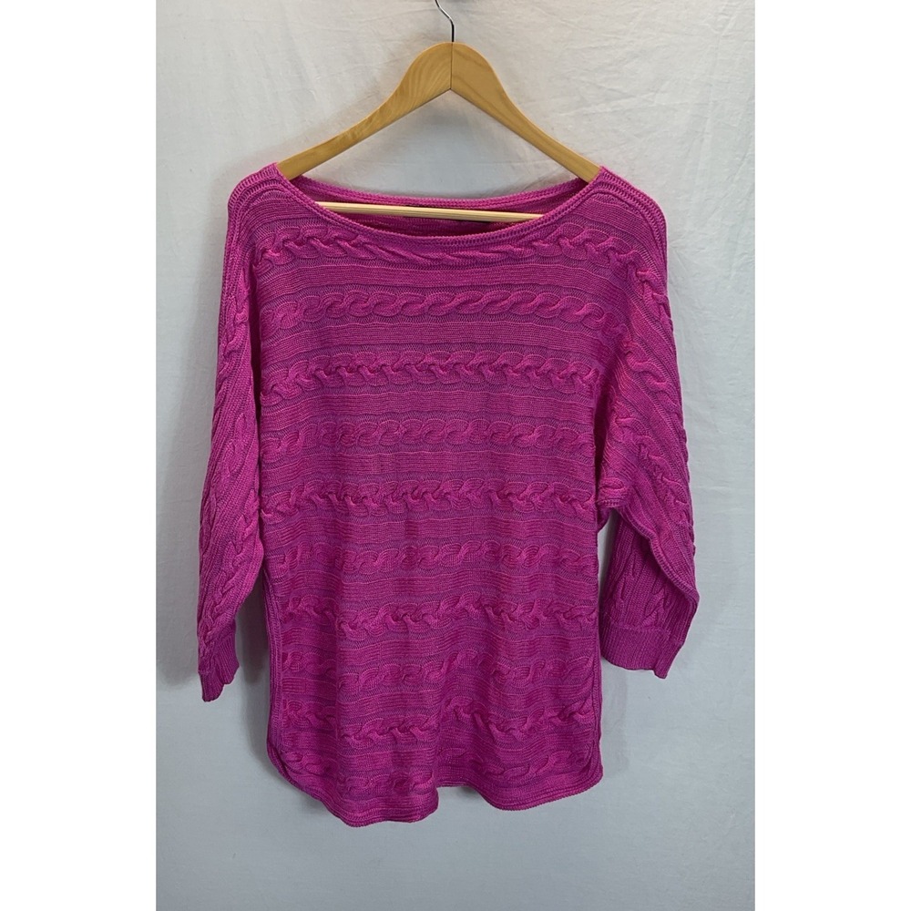 Ralph Lauren Black Label Women's Cable Knit Pink Ribbon Boat Neck‎ Sweater Sz XL